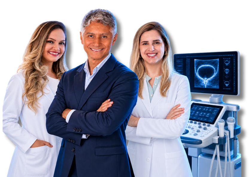 Equipe médica da Urolabs: Dra. Sherly Cabral, Dr. Ailton Fernandes e Dra. Raquel Melo